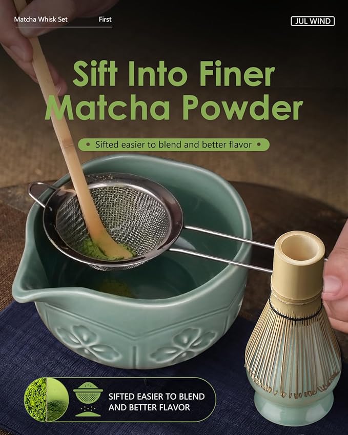 Matcha Whisk Set, Ceramic Matcha Set Includes Matcha Bowl with Spout, Matcha Whisk and Holder, Bamboo Scoop, Sifter and Tea Towel - 6 Pcs Matcha Kit Gift for Matcha Lovers Beginners (Green)