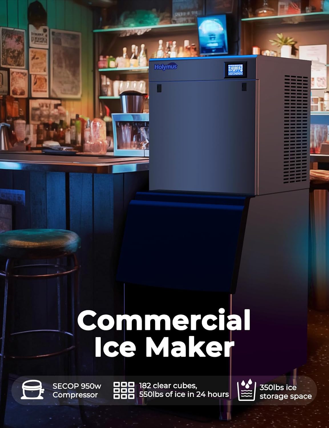 22" Commercial Nugget Ice Maker Machine 420LBS/24H with 350LBS Storage Bin, Nugget Ice Style, Air Cooled Powerfull Compressor, Industrial Nugget Ice Machine for Business