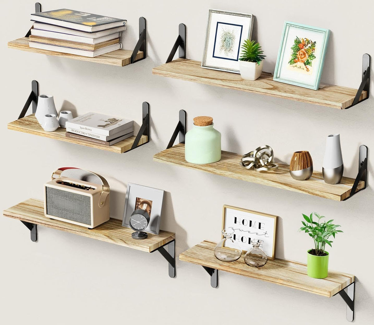 AMADA HOMEFURNISHING Long Wall Shelves, Rustic Farmhouse Style, Wood Floating Shelves for Wall Decor, Bathroom & Bedroom Storage, Living Room Book Shelves, 6pcs