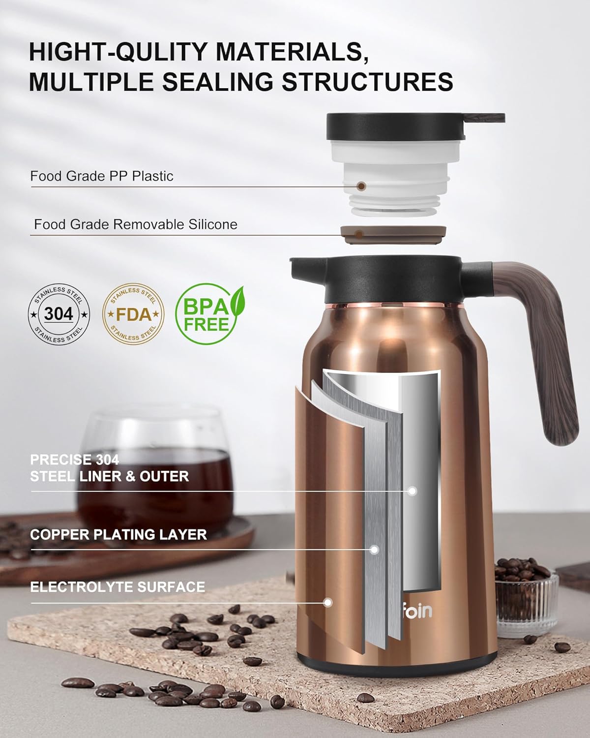 Carafes for Hot Liquids 70 oz - 12 Hour Hot Stainless Steel Thermal Coffee Carafe-Insulated Coffee Carafes For Keeping Hot/Cold Coffee, Tea, Water, Drink Dispenser for Parties(Gold)