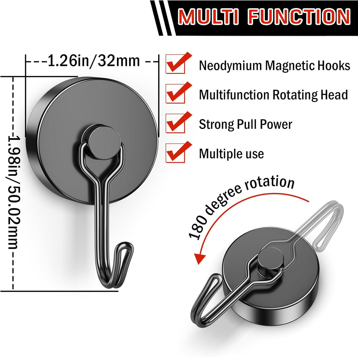 FINDMAG 100lbs+ Magnetic Hooks Heavy Duty, Extra Strong Magnetic Hooks for Cruise Cabins, Large Magnet Hooks for Refrigerator, Magnetic Hanger for Garage, Kitchen, Garden, Locker Accessories, 6 Pack