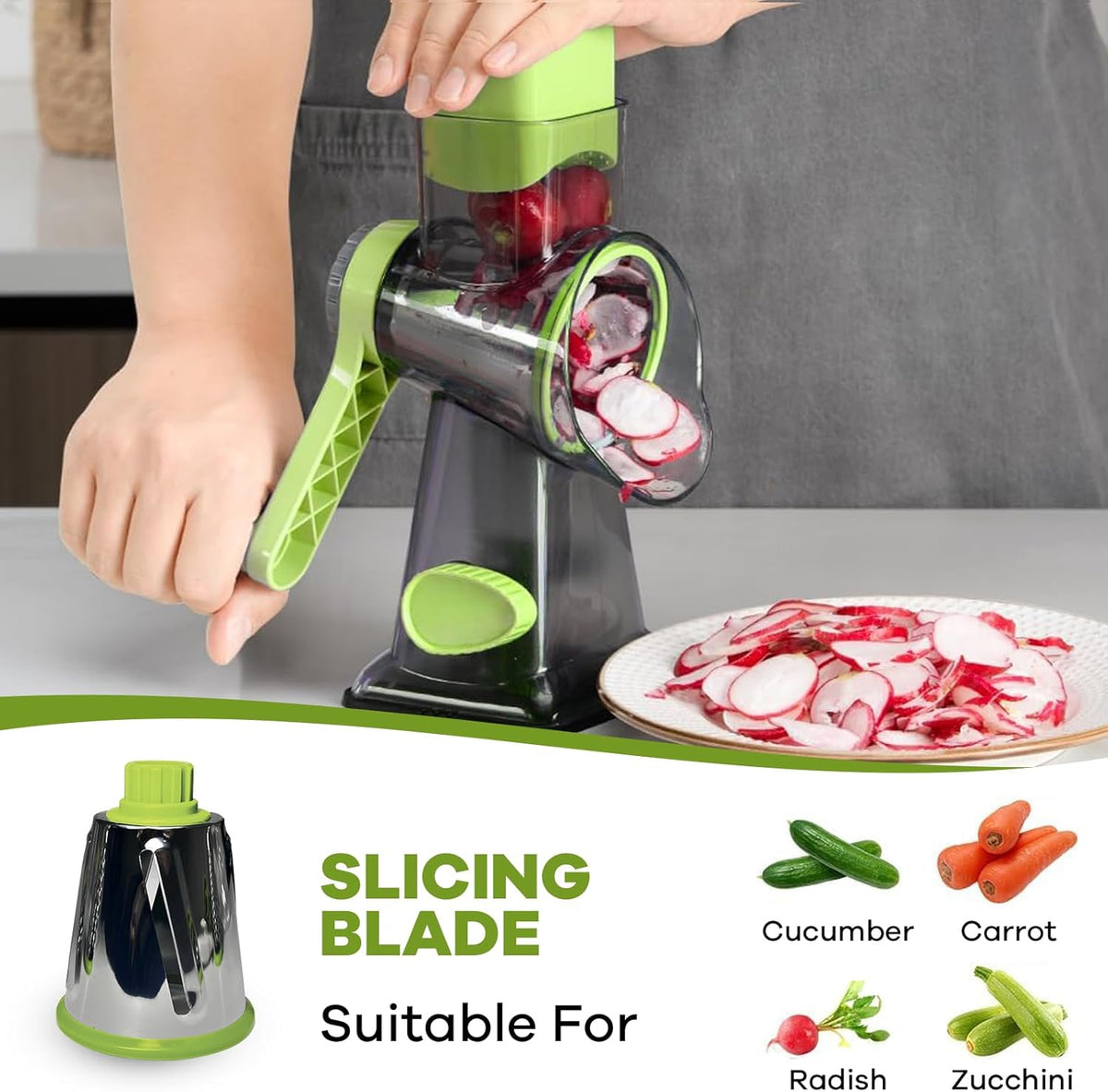 Rotary Cheese Grater with Handle, XinM Cheese Shredder Kitchen Mandoline Vegetable Slicer with 3 Interchangeable Blades, Easy to Clean Rotary Grater for Cheese Potato Nuts Chocolate (Green)