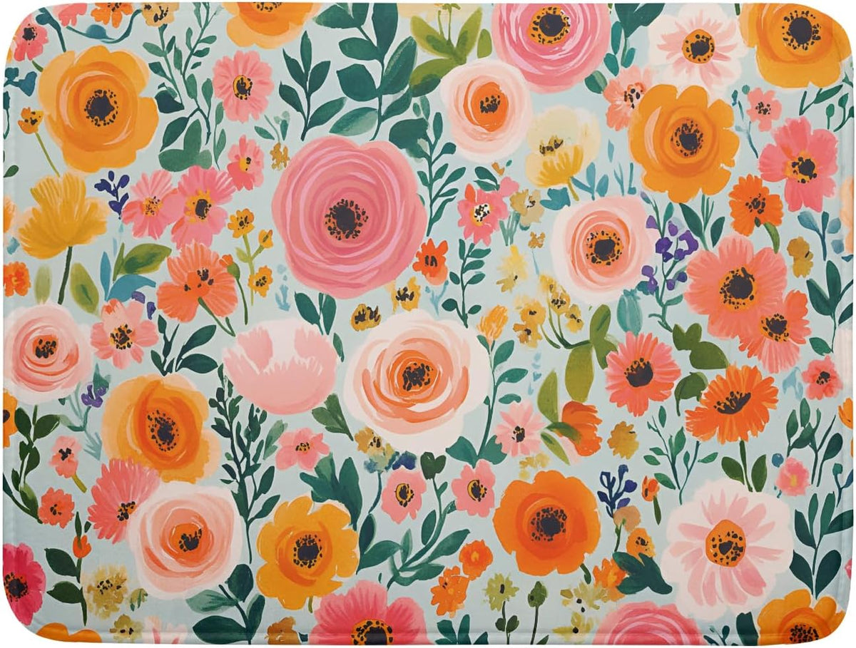 Watercolor Flower Dish Drying Mat - Pink Floral Drying Mat for Kitchen Counter 18 X 24 In