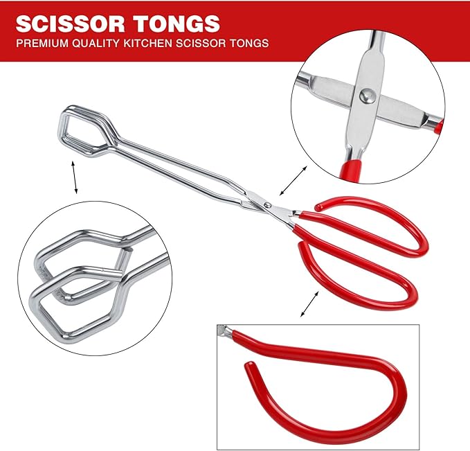 MSY BIGSUNNY 10 Inch Stainless Steel Scissor Tongs, Heavy Duty Cooking Tongs with Soft Handles, Multi-function Serving Tongs for Barbecue, Salad, Buffet, Fry (Set of 2, Red)