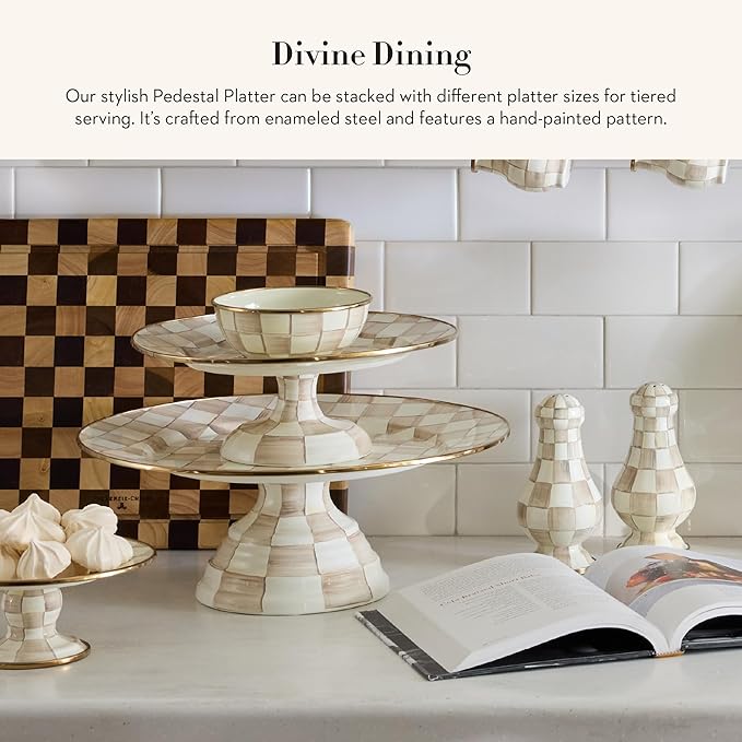 MACKENZIE-CHILDS Enamel Pedestal Platter, Round Cake Stand, Mini, Brown-and-White Mocha Check