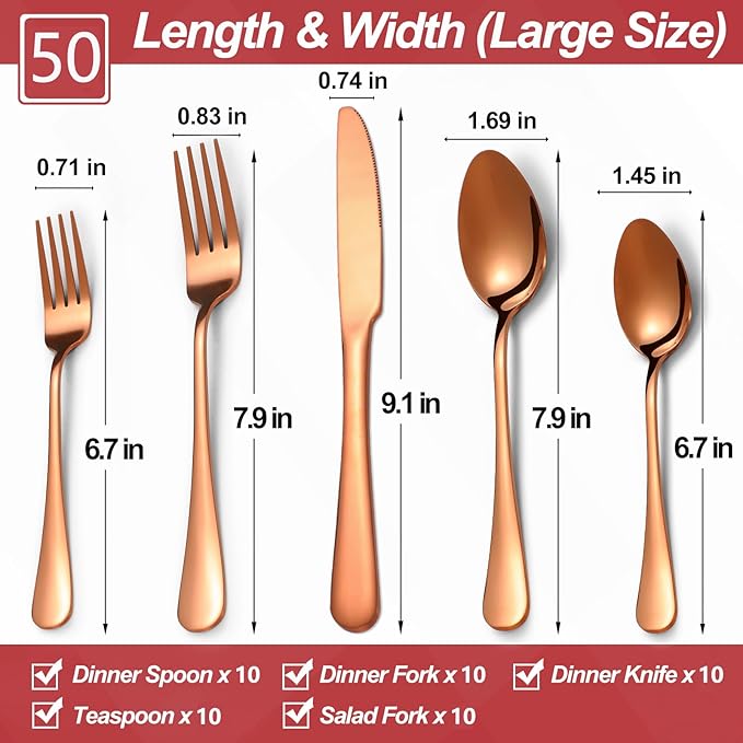 50 Pcs Rose Gold Silverware Set for 10, Food Grade Stainless Steel Flatware Set, Eating Utensils Sets Include Fork/Knife/Spoon,Home Kitchen Tableware Set, Reusable Cutlery Set, Dishwasher Safe