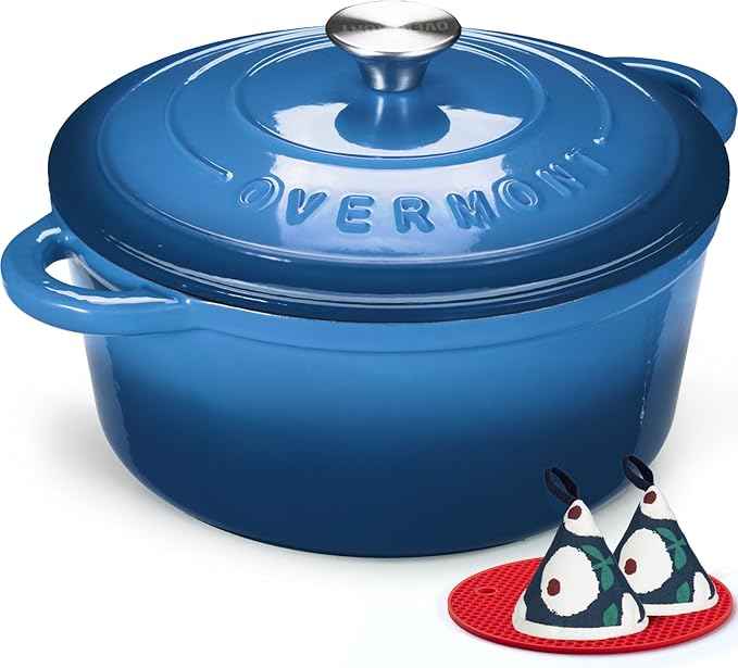 Overmont Enameled Cast Iron Dutch Oven - 4.5QT Pot with Lid Cookbook & Cotton Potholders - Heavy-Duty Cookware for Braising, Stews, Roasting, Bread Baking blue