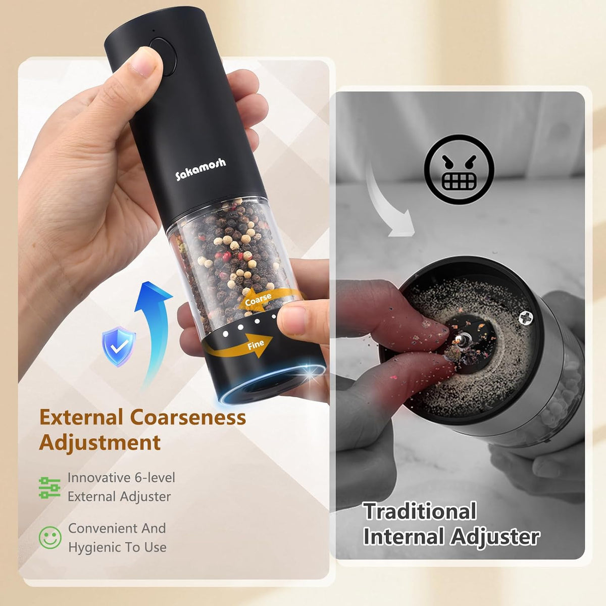 Electric Black Salt and Pepper Set with base, Rechargeable 6 External Adjustable Coarseness Automatic Pepper Mill Shakers, 95ml Large Capacity, One-Handed Operation 2 Pack