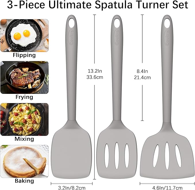 Coukre 3 Pack Silicone Spatula Set, High Heat Resistant, BPA-Free, Fish Spatula, Solid & Slotted Turner for Non-Stick Pans, Flipping Eggs, Pancakes, Fish, Burgers (3, PureGray)