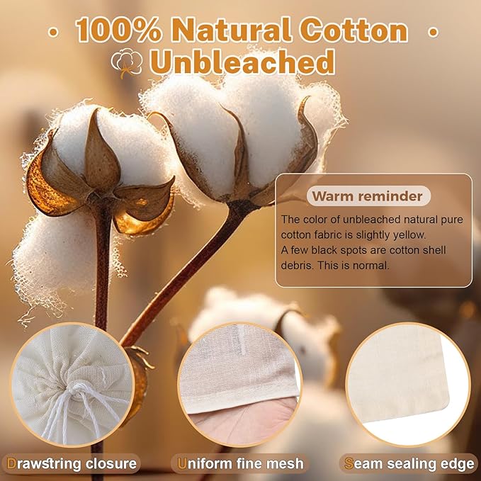 20 Pcs Muslin Bags with Drawstring, Reusable Tea Bags, Spice Bags for Cooking Soup/Herb/Loose Leaf Tea, Natural Cotton Small Cheese Cloth Bag for Straining, Sachet Bags Empty, 4 X 3 Inches