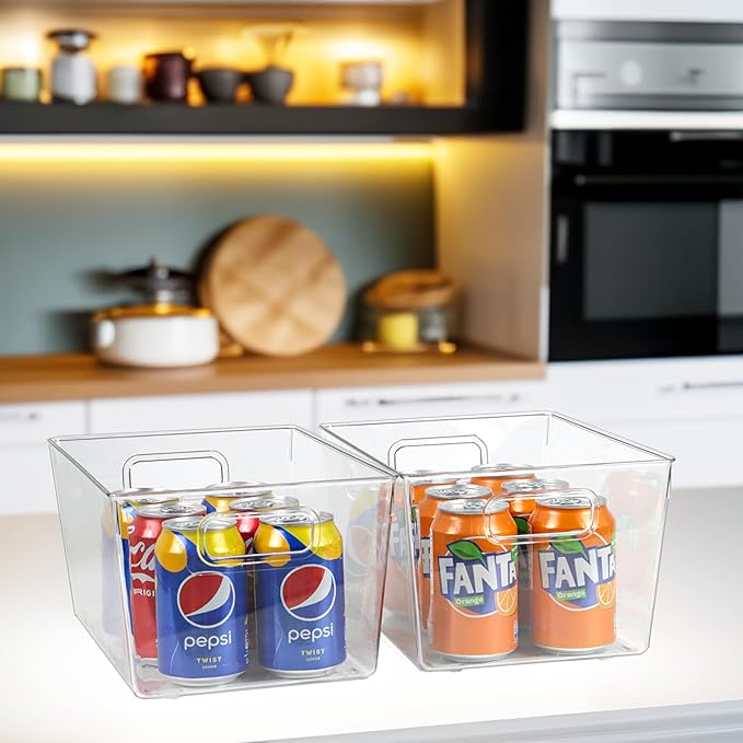 4pcs Clear Storage Bins Clear Storage Containers for Kitchen Pantry Organization, Organizing Bins with Built in Handles, Cabinet Organizers