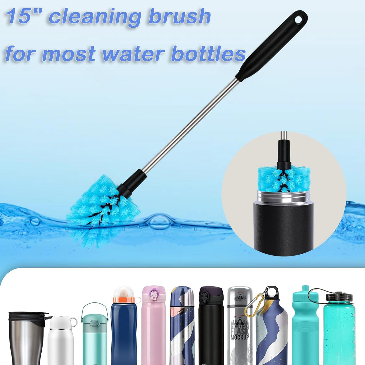 2-in-1 Stainless Steel Long Handled Water Bottle Brush, Multi-Purpose Bottle Scrubbing Brush, Soft Bottle Brush, Glassware Brush, Water Bottle Cleaner with Removable and Replaceable Brush Heads 15 in