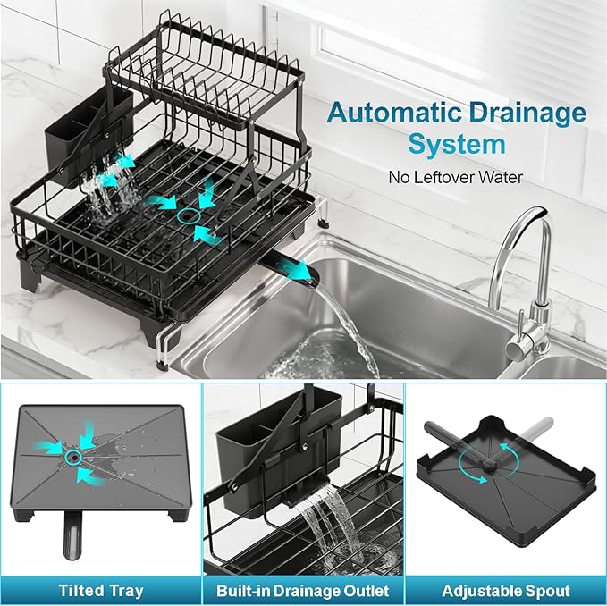 GSlife Large 2 Tier Dish Drying Rack, Expandable Heavy-Duty Dish Rack for Kitchen Counter, Rust-Resistant Dish Drainer with Utensil & Cup Holder, Auto-Drain, 16.9" W x 14.4"-22.4" L, Black