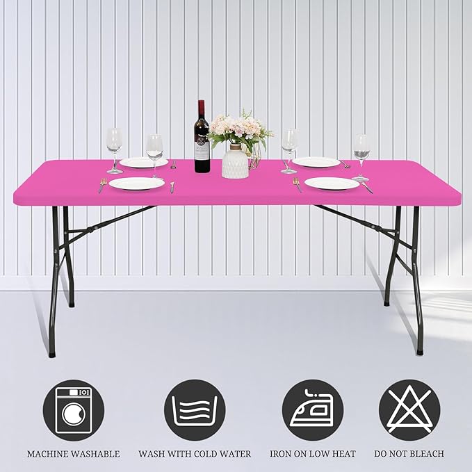 10 Pack Fitted Tablecloth for 8 Foot Rectangle Tables, Hot Pink Elastic Outdoor Picnic Table Cover, Washable Stretch Folding Table Cloths 8 ft for Camping Party Patio Kitchen Banquet, 30" W x 96" L