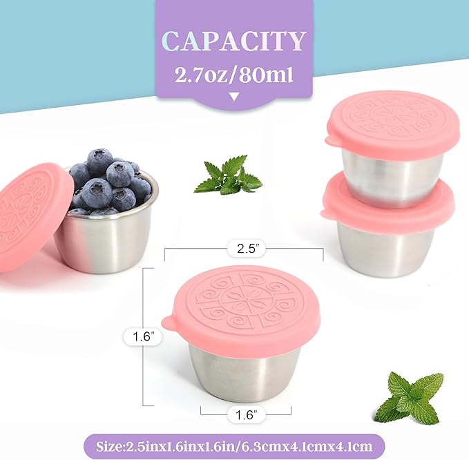 6x2.7 Oz Salad Dressing Container to Go,Handy Leakproof Stainless Steel Meal Prep Containers Reusable,Sauce Containers for Lunch Box, Picnics, Travel, Office and Kitchen Storage-Pink