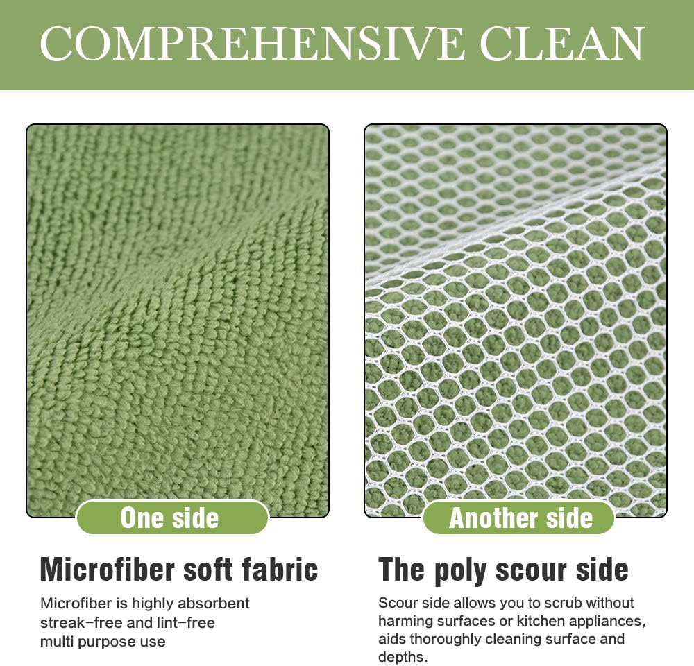 SINLAND 5 Color Assorted Microfiber Dish Cloth Towels Best Kitchen Cloths Cleaning Cloths with Poly Scour Side 12"x12" 5Pack (Pink+Blue+White+Yellow+Green)