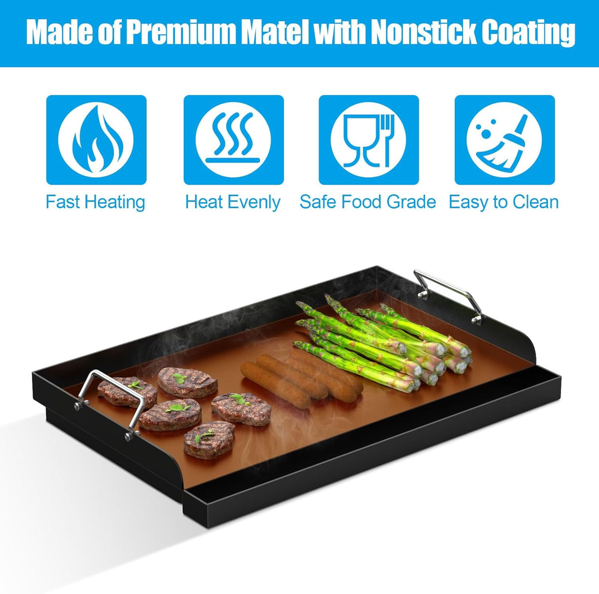 25" x 16" Universal Stovetop Griddle for Most Gas Stove/Charcoal/Electric Grill,Pre-Seasoned Flat Top Plate with Removable Handles for Camping & Tailgating, Plancha Para Cocinar, Nonstick Carbon Steel