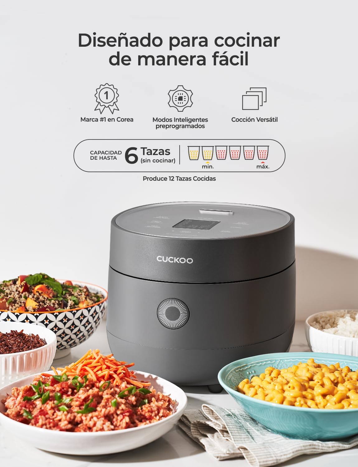 CUCKOO Rice Cooker 6 Cup Uncooked / 12 Cup Cooked, Modern Fuzzy Logic Rice Cooker Small with Delay Timer & Keep Warm Setting, Versatile Food Steamer for Cooking, Non-Stick Inner Pot, Gray (CR-0675FG)