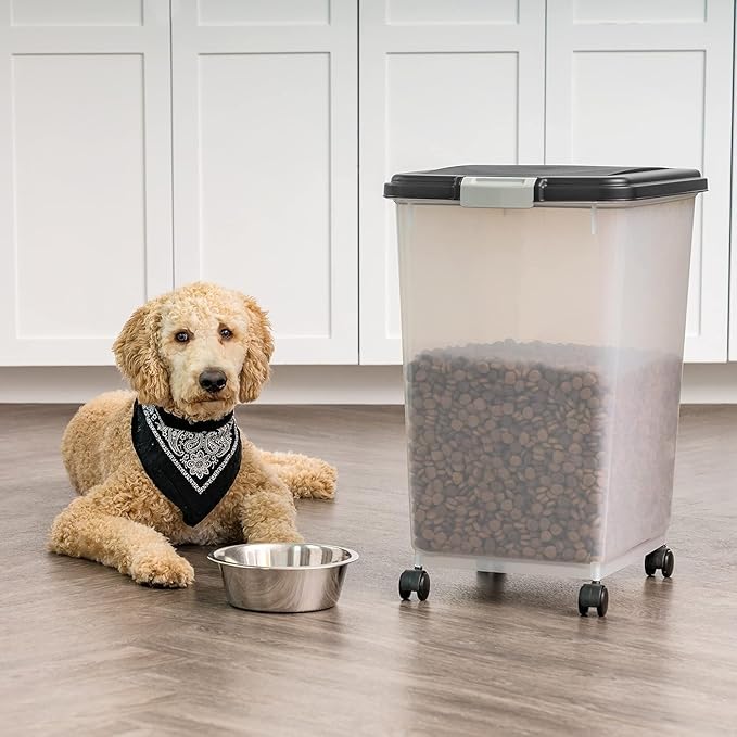 IRIS USA Airtight Dog Food Storage Container, Up to 54 lbs, Attachable Wheels, For Dog Cat Bird and Other Pet Food Storage Bin, Keep Fresh, Translucent Body, Easy Mobility, Black