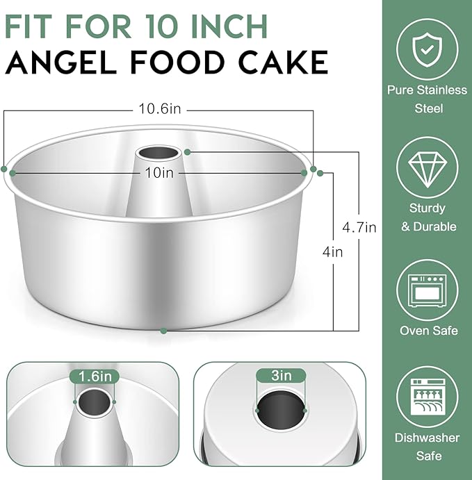 TeamFar 10inch Angel Food Cake Pan, Stainless Steel Cake Pan with Tube, Healthy & Non-toxic, Sturdy & One-Piece, Mirror Finish & Dishwasher Safe