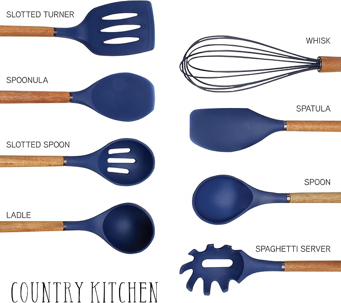 Country Kitchen Non Stick Silicone Utensil Set with Rounded Wood Handles for Cooking and Baking, 8 Piece Set, Navy