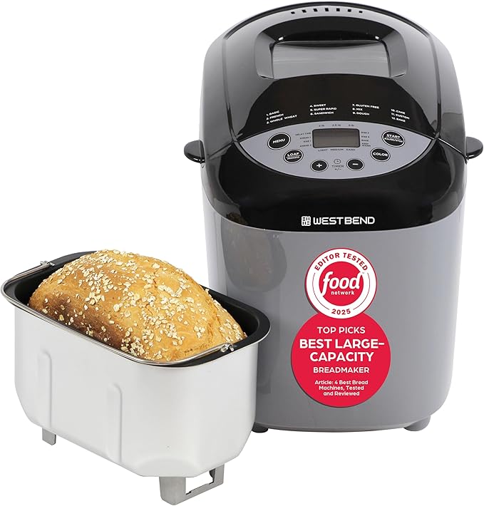 West Bend Hi-Rise Bread Maker Machine Programmable 12 Programs Including Gluten Free & 3 Loaf Sizes and Crust Colors with Traditionally-Shaped Horizontal Bread Pan with Dual Knead Blades, 3-Lb, Gray