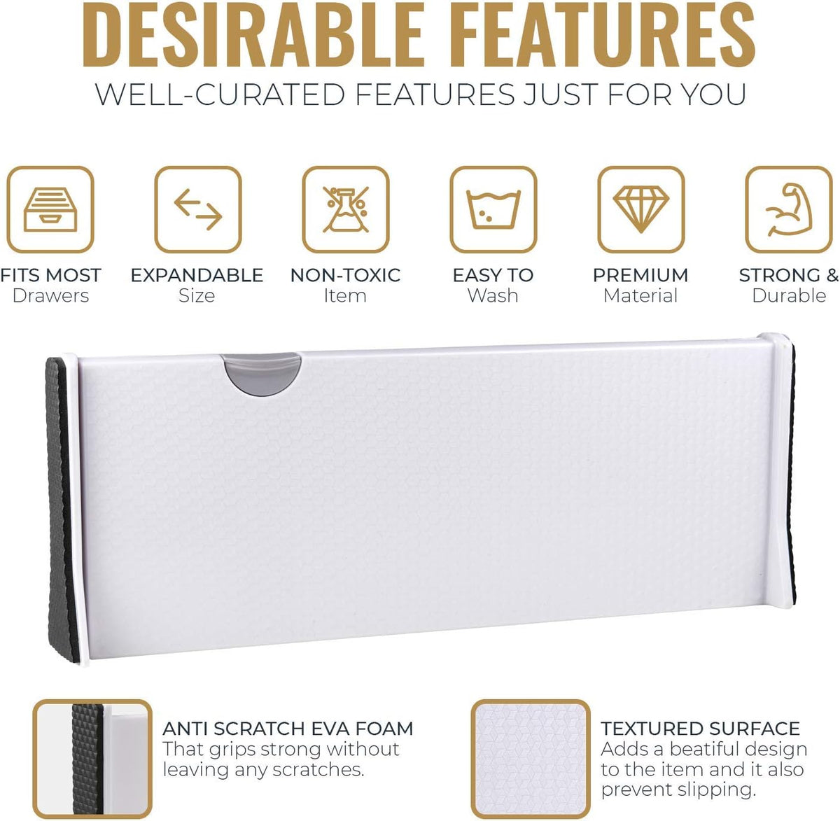 RAPTUROUS Adjustable Deep Drawer Divider – 5" Tall, Expandable 13-22", 5-Pack, Non-Slip Drawer Dividers for Clothes, Dresser, Kitchen & Office Organization (White)