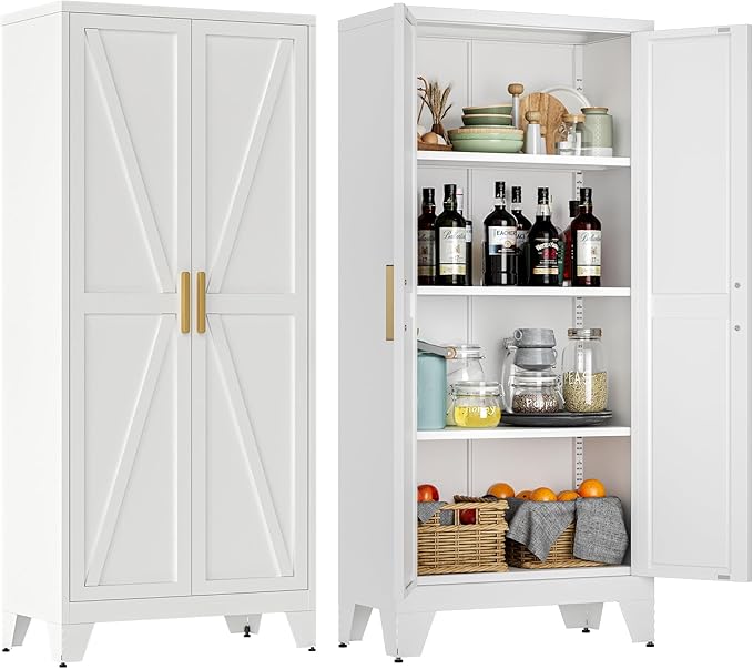 61" Tall Metal Storage Cabinet with 2 Doors and 3 Adjustable Shelves, 4-Tier Kitchen Pantry Storage Cabinet for Kitchen, Living Room, Dining Room and Office, White