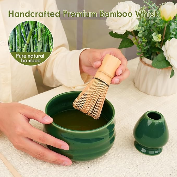 Matcha Whisk Set – Ceramic Matcha Set with Matcha Bowl, Matcha Whisk & Holder, Bamboo Scoop, Tea Towel – 5-Piece Japanese Matcha Kit for Matcha Lovers, Beginners & Gifting (Green, 20oz)