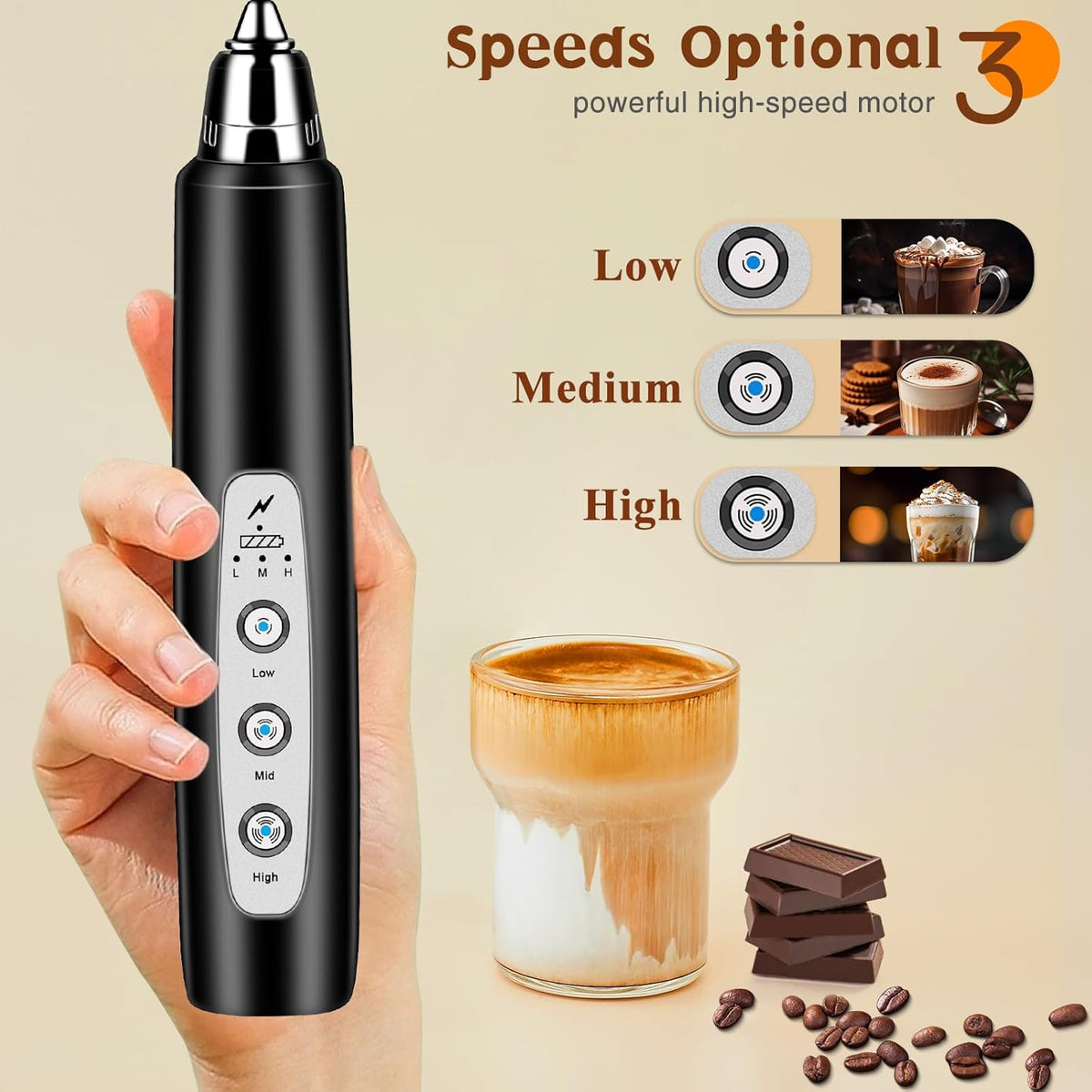 Milk Frother Handheld Rechargeable, Frother Wand Drink Mixer Electric Whisk for Coffee, Detachable With 3 Stainless Whisks, Hand Mixer for Lattes, Cappuccino, Matcha, Egg, No Stand, Black