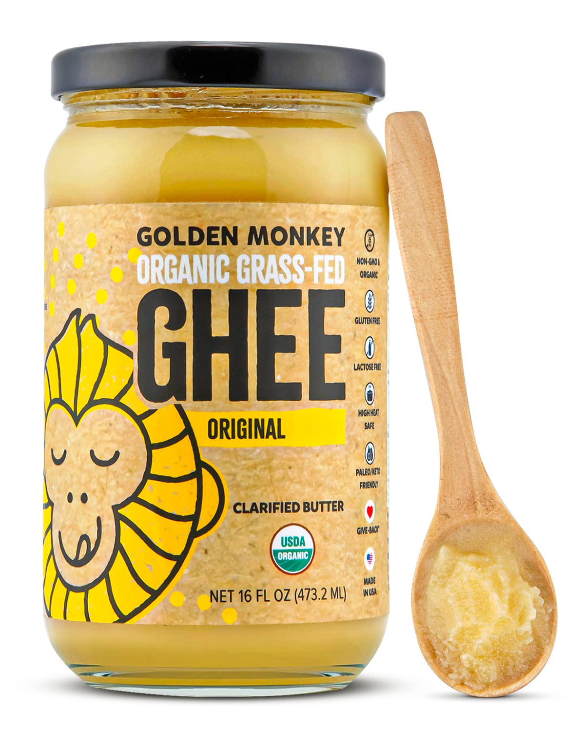 GOLDEN MONKEY Organic Ghee Butter – Grass Fed Clarified Butter for Cooking, Baking, Keto & Gut Health – Ghee Butter Organic Grass Fed from Small Farms – Smooth Spread with High Smoke Point (16oz)