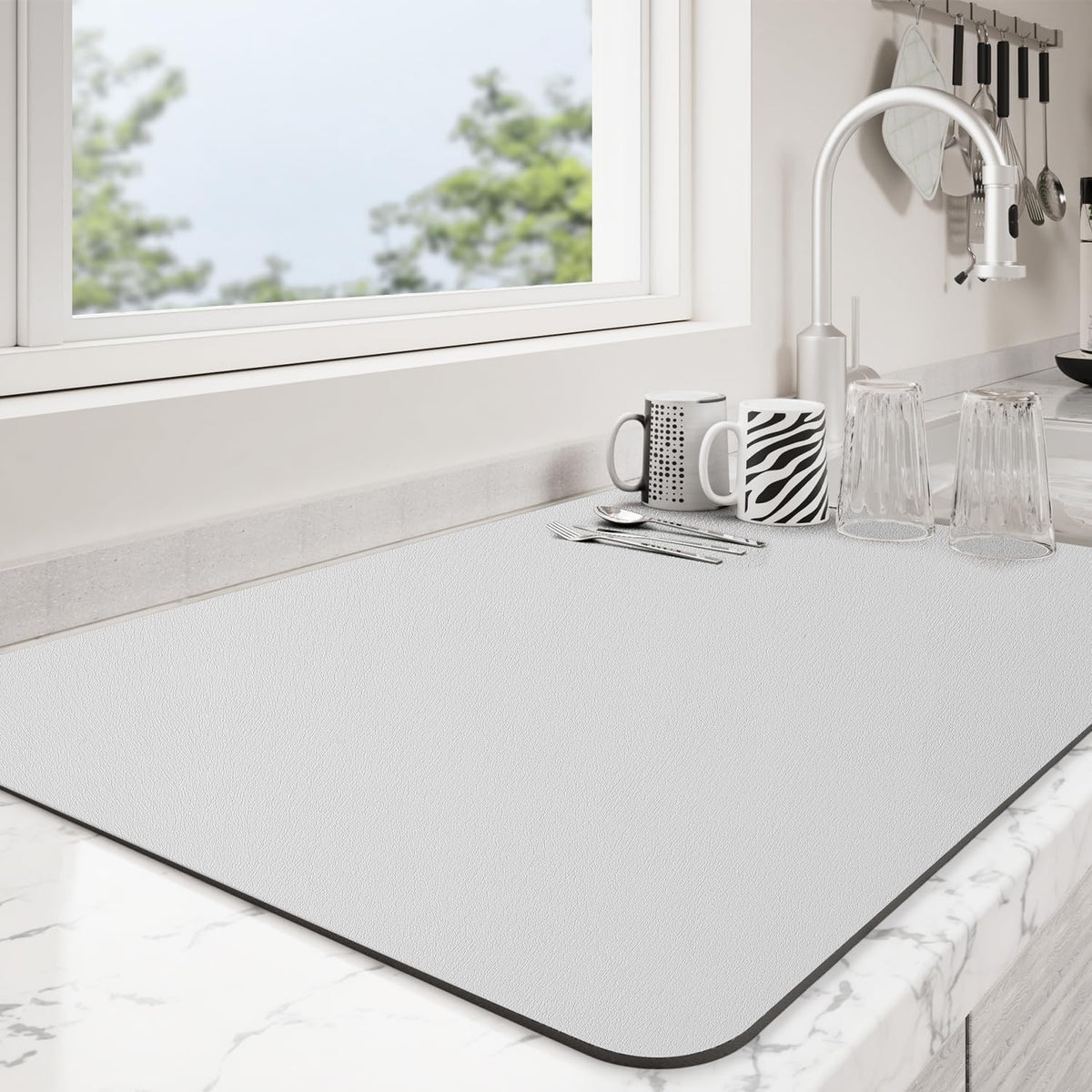 Dish Drying Mat for Kitchen Counter | Coffee Bar Mat for Countertops | Heat Resistant Drainer Mat with Non-slip Rubber Backed | Hide Stain Kitchen Absorbent Draining Mat | Light Grey 18"x32"