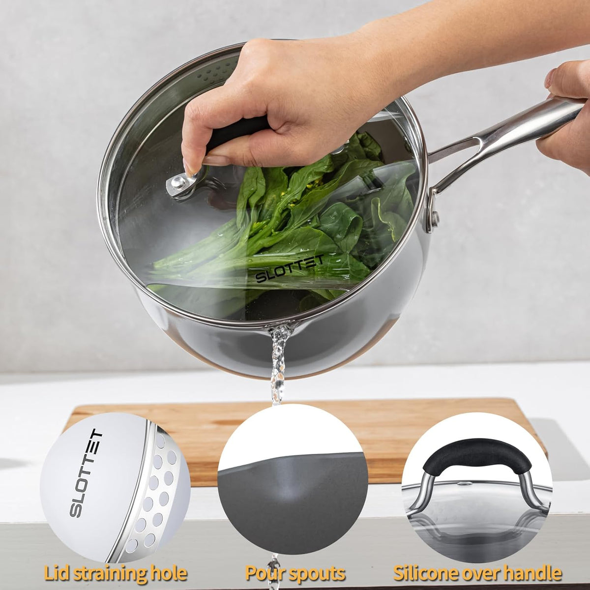 Ceramic Nonstick Tri-Ply Stainless Steel Sauce Pan with Steamer,2.5 Quart Small Multipurpose Pot with Pour Spout,Strainer Glass Lid, 2qt Saucepan for Cooking with Stay-cool Handle,Grey