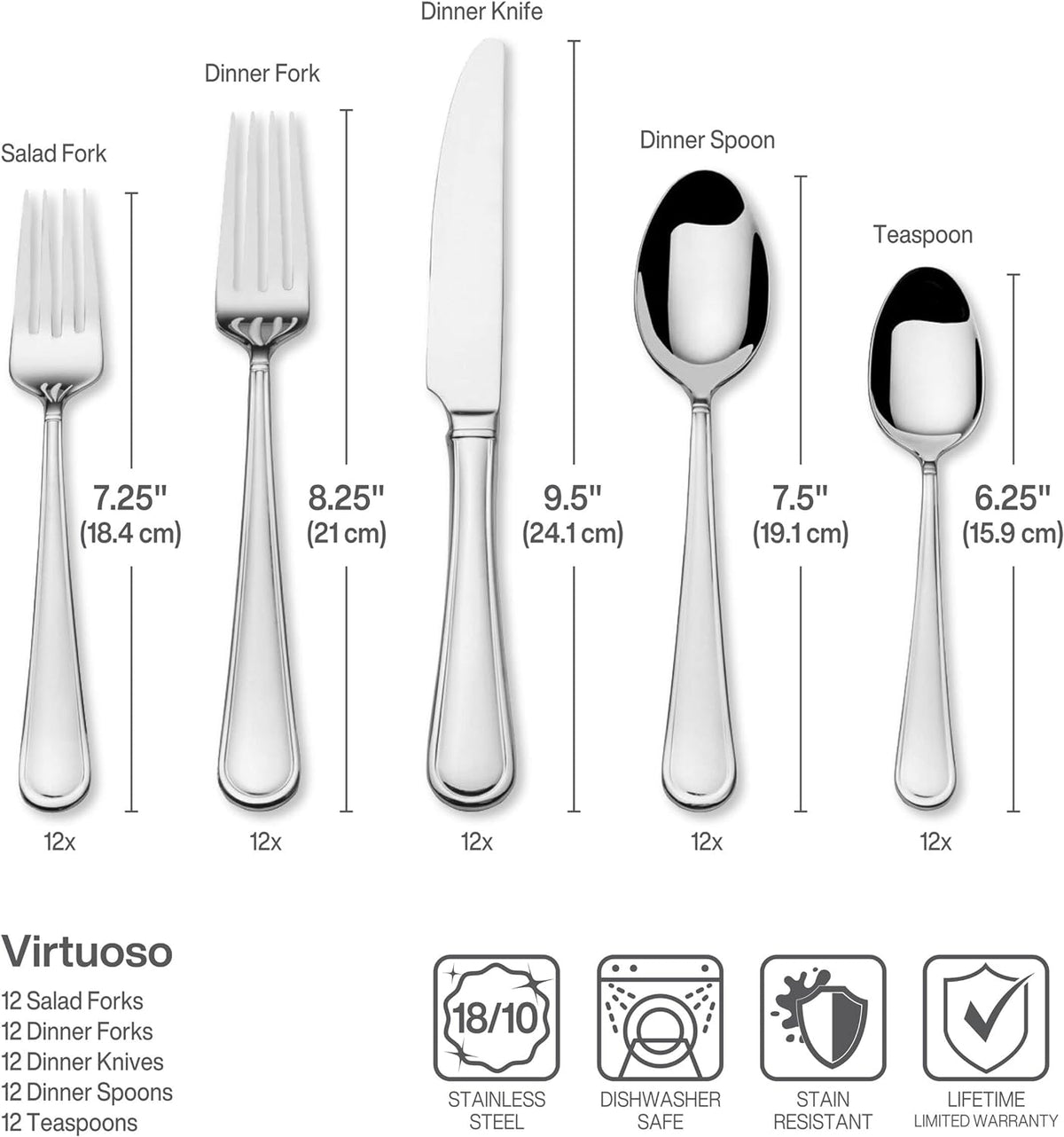 Mikasa, Virtuoso Flatware Service for 12, 65 Piece Set, 18/10 Stainless Steel, Silverware Set with Serving Utensils