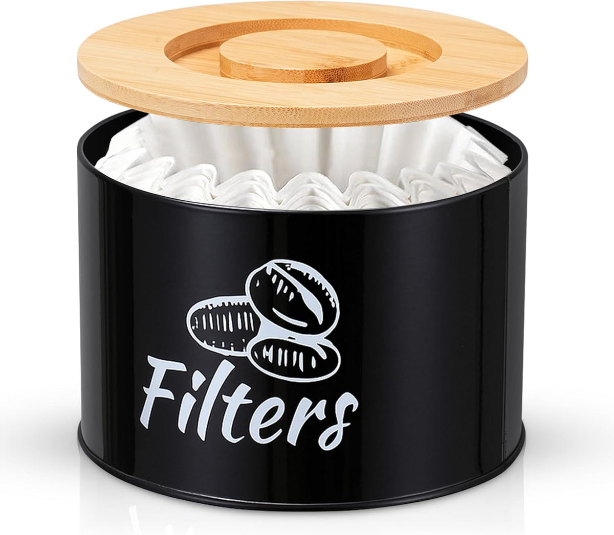 Coffee Filter Holder with Bamboo Lid – Filter Storage Organizer for Cone & Round Filters – Rustic Coffee Bar Container for Counter, Kitchen or Cafe Decor (Black).