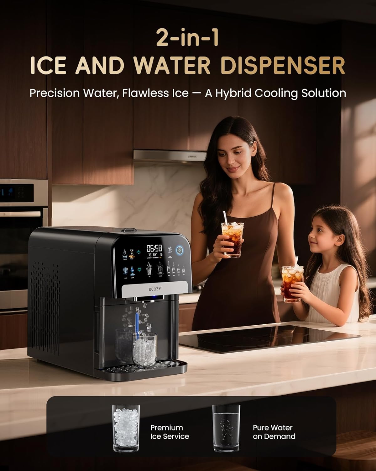 ecozy Nugget Ice Maker Dispenser, Smart 2-in-1 Pebble Ice Machine Countertop & Water Dispenser with App Control, Self-Cleaning, Auto Lighting, TDS Monitor, Measured Dispensing, 33Lbs/Day