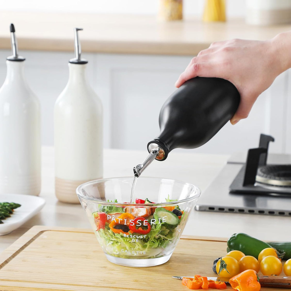 vancasso 20 Oz Ceramic Olive Oil Dispenser Bottle, Bottle Dispenser with Spout and Funnel for Kitchen,Suitable for Oil, Vinegar, Coffee Syrups & Other Liquids，BK