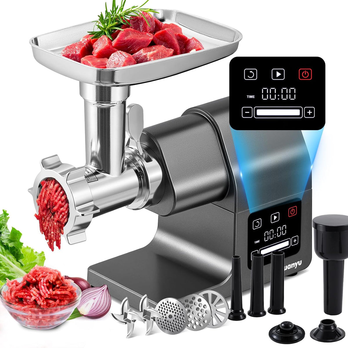 Huanyu Electric Meat Grinder 2000W Max Power Heavy Duty with Touchscreen, 2 Blades, 3 Plates, Sausage Tubes and Kubbe Kit #10 Outlet for Home Use
