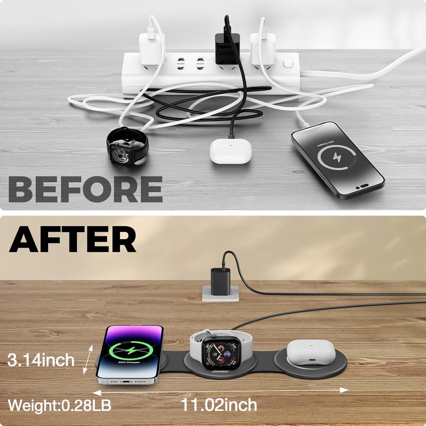 HICOBER 3-in-1 Wireless Charging Station for iPhone, Watch, AirPods, Black