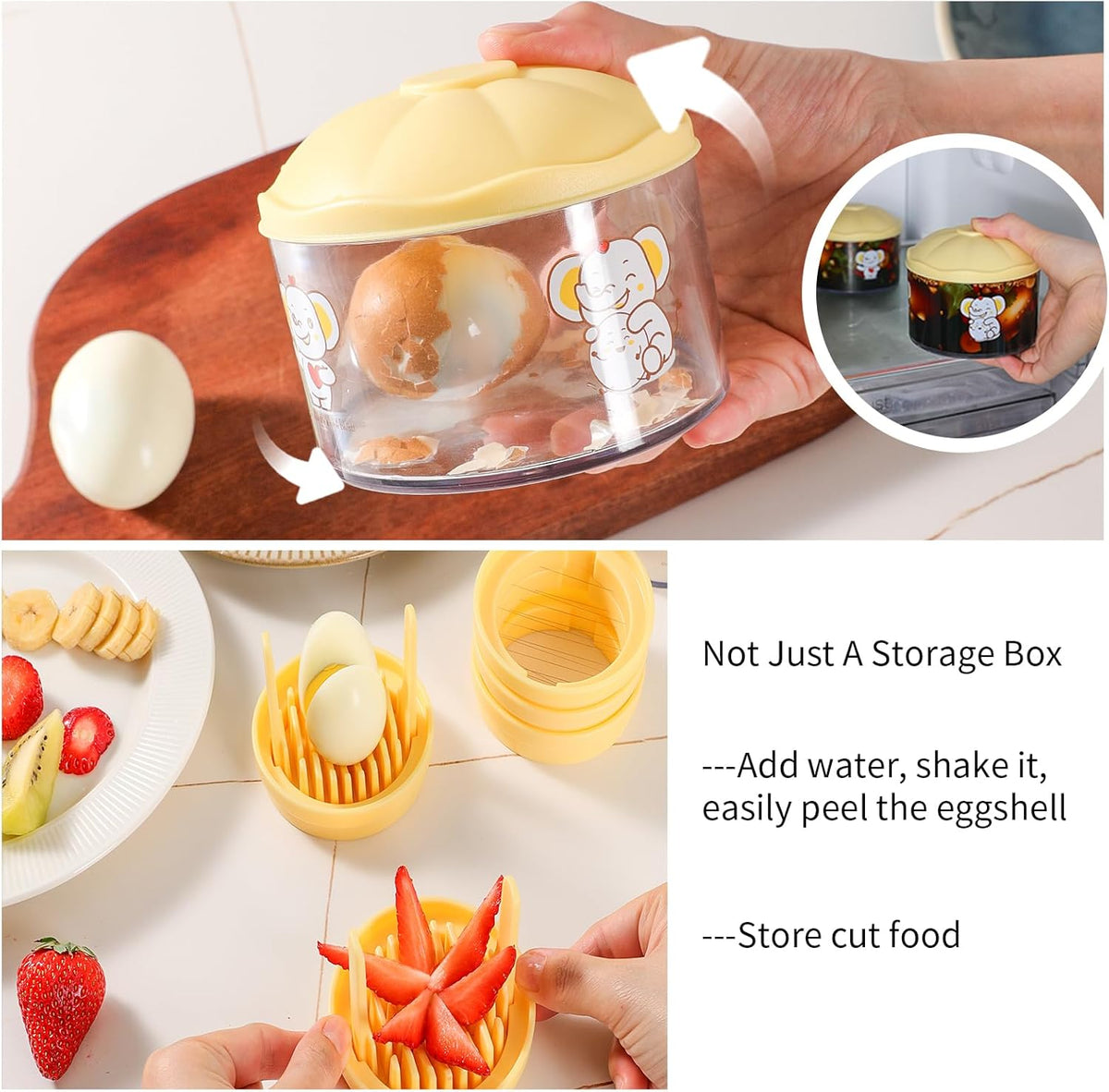 Egg Slicer, 4-in-1 Stainless Steel Wire Egg Cutter, Strawberry Slicer with Cute Container, Multi-Function Dicer and Chopper Tool for Hard Boiled Eggs, Mushrooms, Kiwis, Bananas, Tomato & Soft Fruits