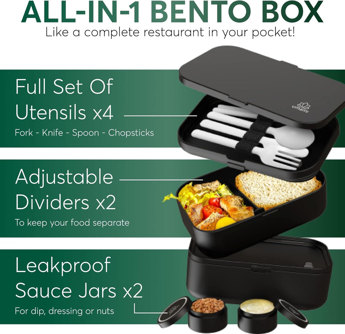 Umami Bento Box Adult All-In-1 w/4 Utensils, 2 Sauce Jars 2 Dividers,100% Leakproof, Microwave & Dishwasher Safe Stackable Bento Lunch Box Containers for Men/Women, Black, 68 oz