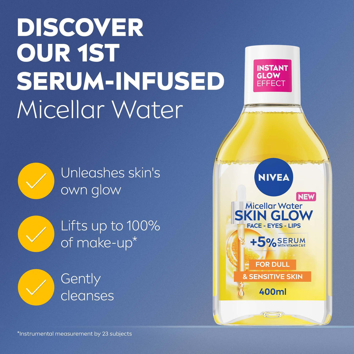 NIVEA Skin Glow Micellar Cleansing Water for Face Eyes Lashes – Gentle Daily Makeup Remover and Facial Cleanser with Vitamin C & E and Amino Acid Complex for Sensitive Skin, 13.5 fl. oz