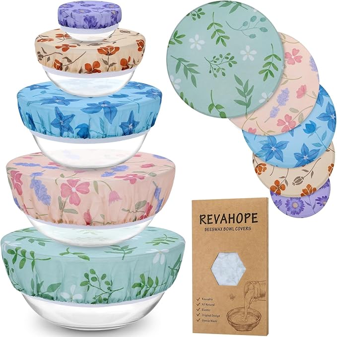 5-Size Reusable Beeswax Bowl Covers for Bread Proofing, Cotton Cloth Flexible Beeswax Wraps for Food Storage(Plant leaves)