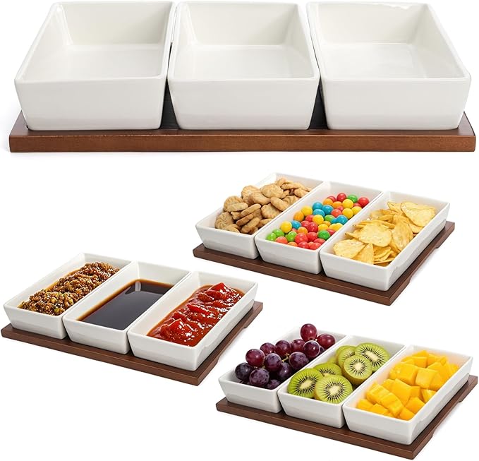Elsjoy 3-Section Serving Tray, Wood Divided Serving Dish with Ceramic Bowls, 3-Compartment Food Platter Dipping Tray for Appetizer, Fruits, Bread