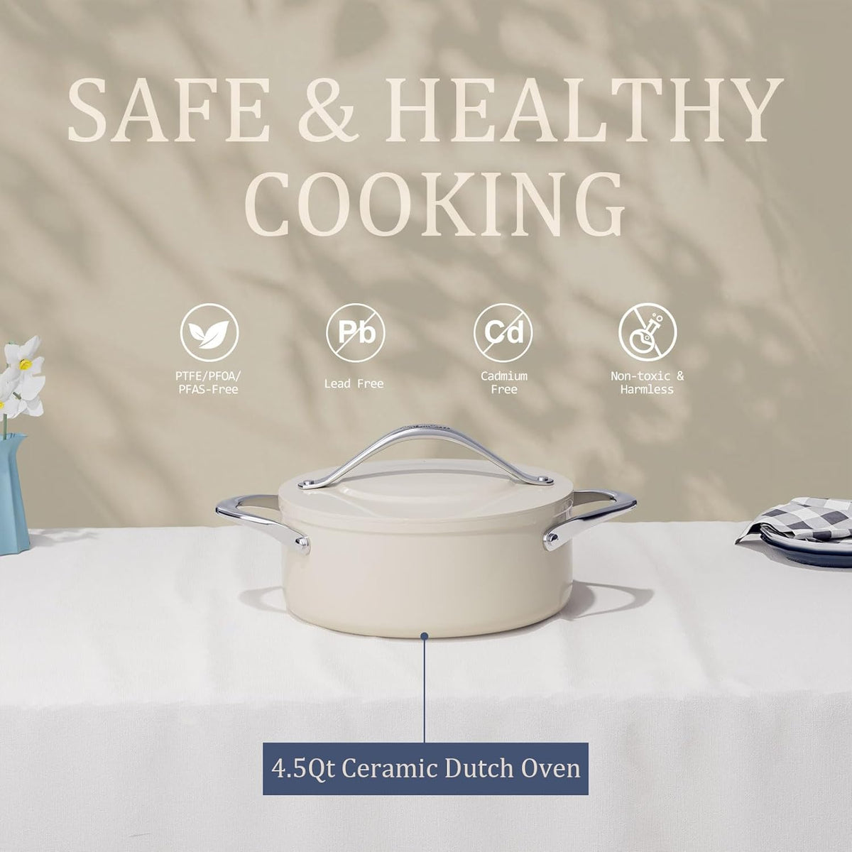 Stock Pot 4.5qt Dutch Oven with Lid (9.5") Nonstick Ceramic Coated Non-Toxic PFAS-Free Even Heat Distribution for Braising, Baking Bread & Soups, Compatible for All Cooktops(Induction/Gas/Electric) Oven Safe to 500°F (Cream)