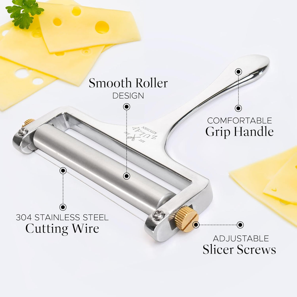 Zulay Kitchen Stainless Steel Wire Cheese Slicer - Adjustable Hand Held Cheese Cutter with 2 Extra Wires - Premium Cheese Shaver for Mozzarella, Cheddar, Gruyere - Cheese Cutter with Wire (Silver)