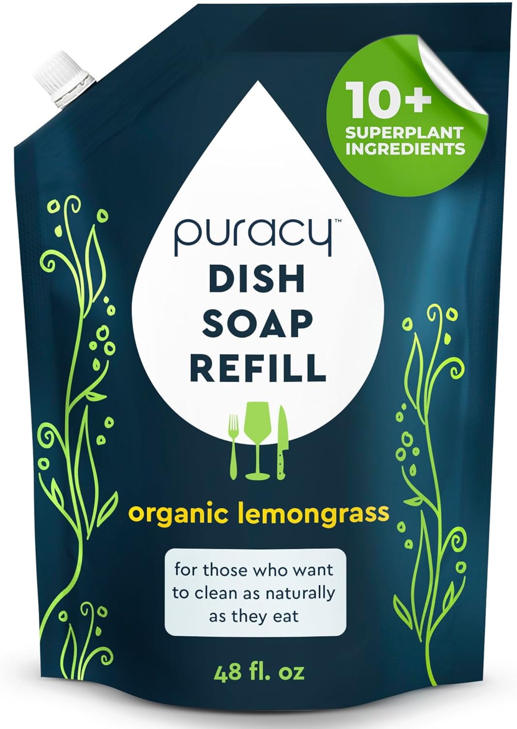 Puracy Natural Dish Soap Refill - Skin-Softening Plant-Based Liquid Dishwashing Detergent Soap, Clean-Rinsing Water-Sheeting Formula (Organic Lemongrass, 48 fl oz)