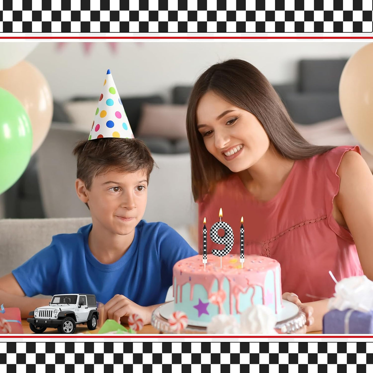 13 Pcs Racing Cars Themed Birthday Candles Black and White Race Number 9 Checkered Candle Cake Topper for Racing Car Party Decoration Supplies (Number 9)
