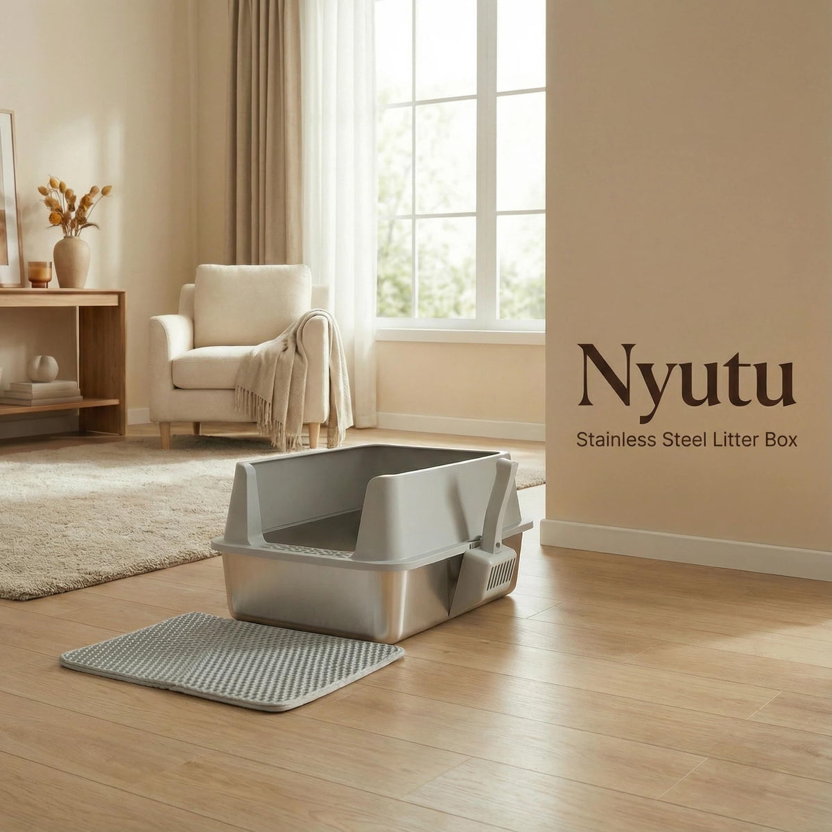 Nyutu XL Stainless Steel Litter Box with Lid, Extra Large Cat Litter Box