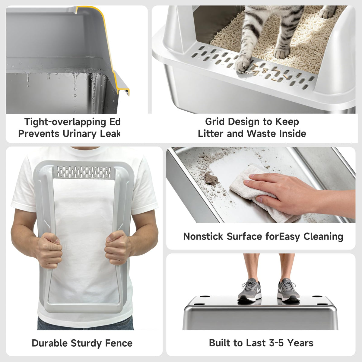 OneBug High-Sided Stainless Steel XL Cat Litter Box for Cats